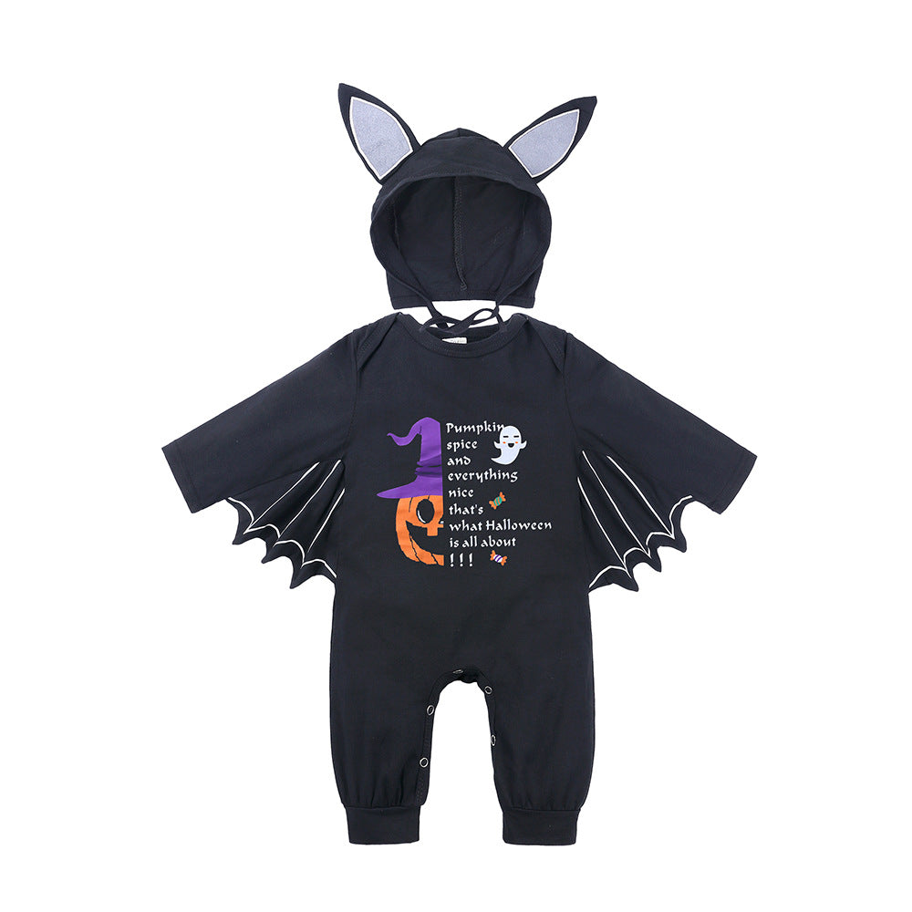 Baby Halloween Long Sleeve Onesie with Pumpkin and Bat Design, Infant Bodysuit for Crawling