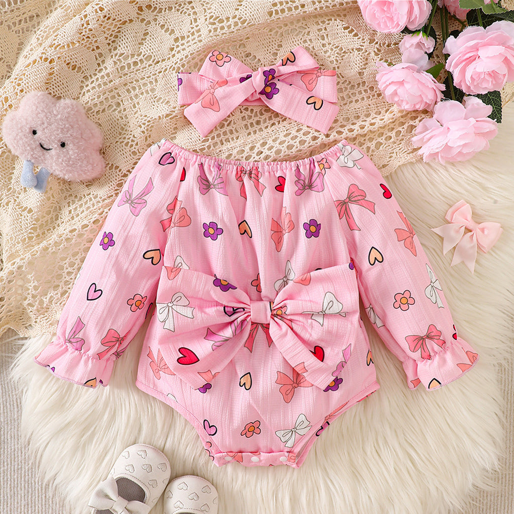 Mädchen Off-Shoulder Langarm-Body mit Herz-Print und großer Schleife, Baby-Prinzessinnen-Outfit für Outdoor-