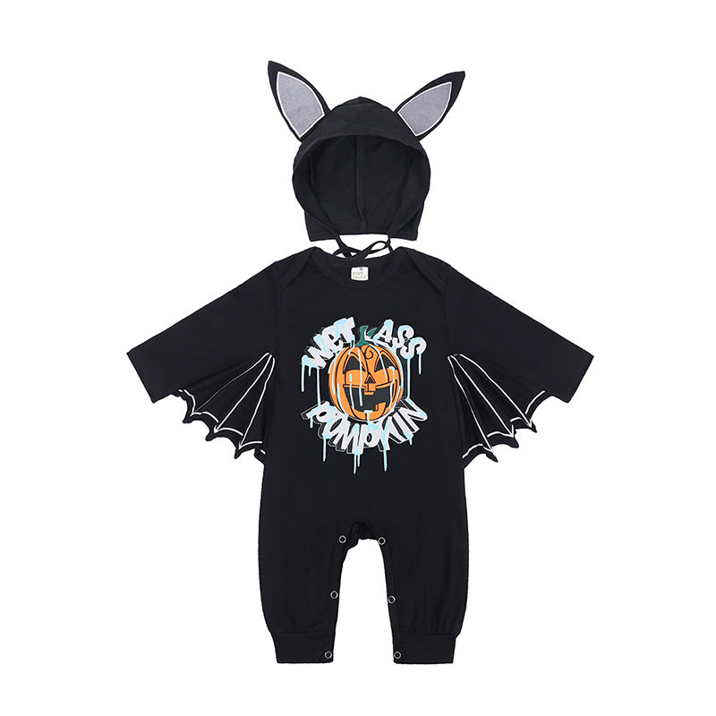 Baby Halloween Long Sleeve Onesie with Pumpkin and Bat Design, Infant Bodysuit for Crawling