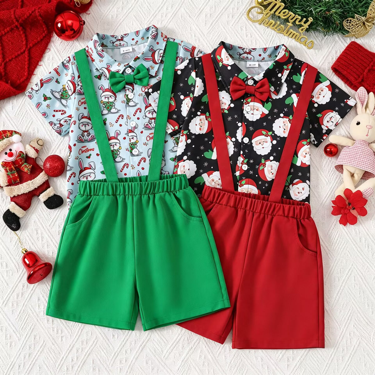 Boy's Summer Infant and Toddler Christmas All-Over Print Short Sleeve Shirt and Bib Shorts Two-Piece Set Children's Clothing