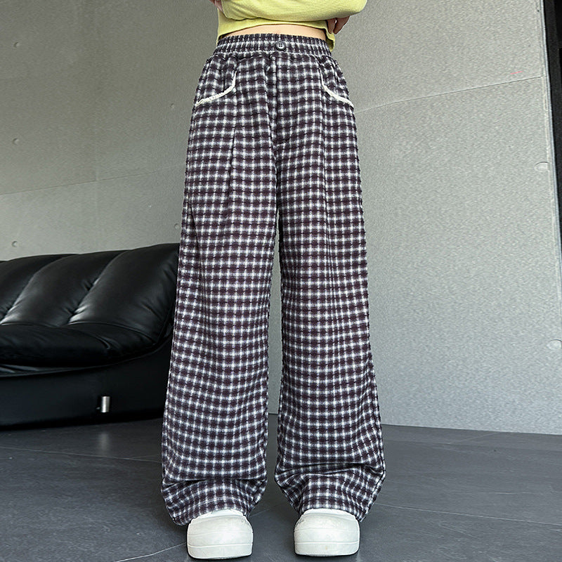 Schicke Wide-Leg Plaid-Hose für Mädchen, locker sitzende, gerade geschnittene Kinderhose