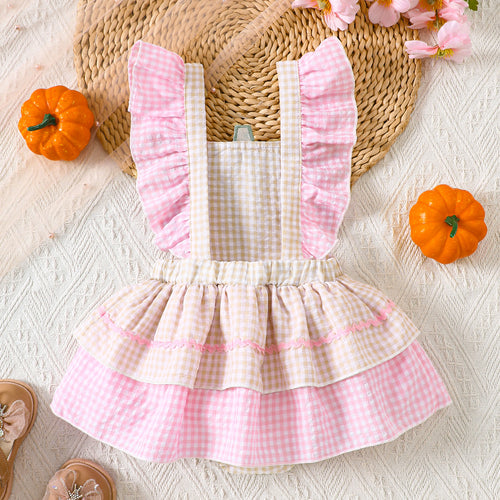 Baby Strampler mit Kürbis-Stickerei Kariertes Overall-Kleid für Mädchen Sommer Halloween Outfit