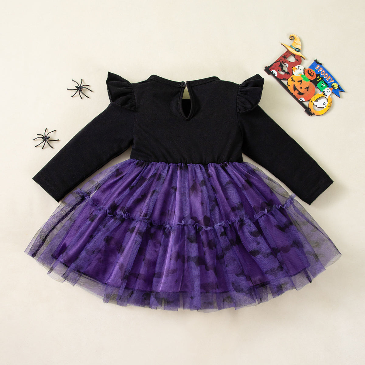 Halloween Girls' Dress with Flutter Sleeves, Black and Purple Tulle, Ghost and Bat Print, Party Costume, Cute Performance Outfit