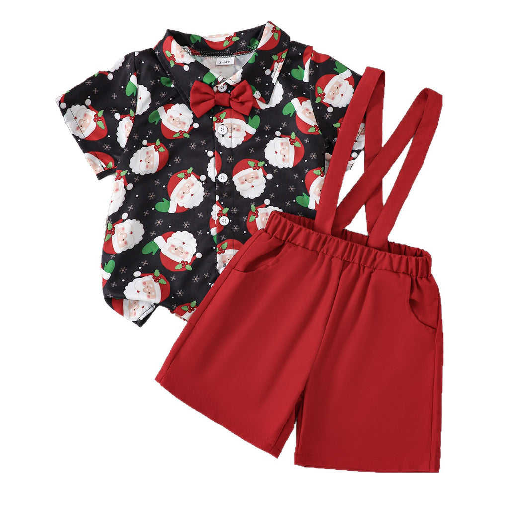 Jungen Sommer Baby- und Kleinkind-Weihnachts-Allover-Print Kurzarmshirt und Latzshorts Zweiteiler Kinderkleidung
