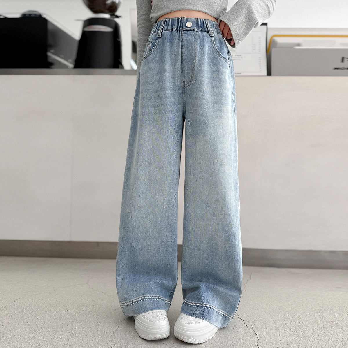 Casual Light Color Denim Pants for Girls Straight Leg Wide Leg Children's Long Pants