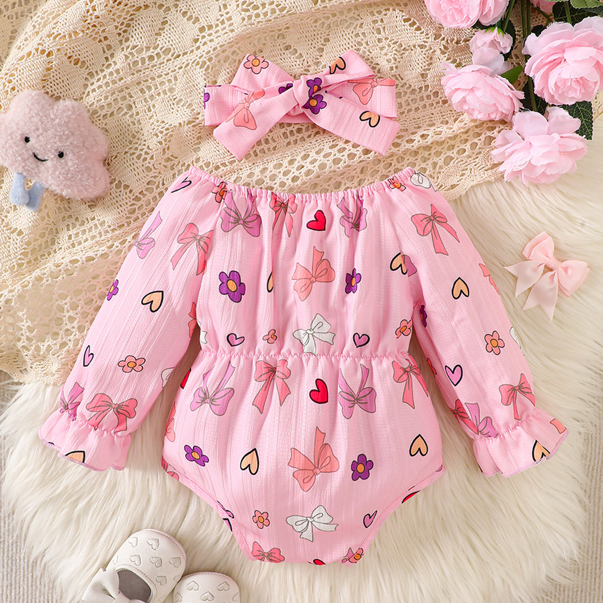 Mädchen Off-Shoulder Langarm-Body mit Herz-Print und großer Schleife, Baby-Prinzessinnen-Outfit für Outdoor-