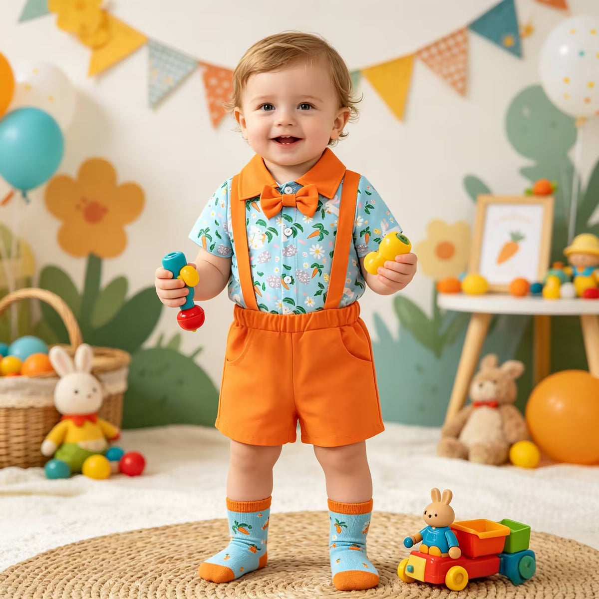 Baby Clothes Summer Lightweight Rabbit All-Over Print Shirt Romper with Overalls Shorts Two-Piece Set Boy Formal Outfit Set