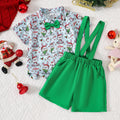 Jungen Sommer Baby- und Kleinkind-Weihnachts-Allover-Print Kurzarmshirt und Latzshorts Zweiteiler Kinderkleidung