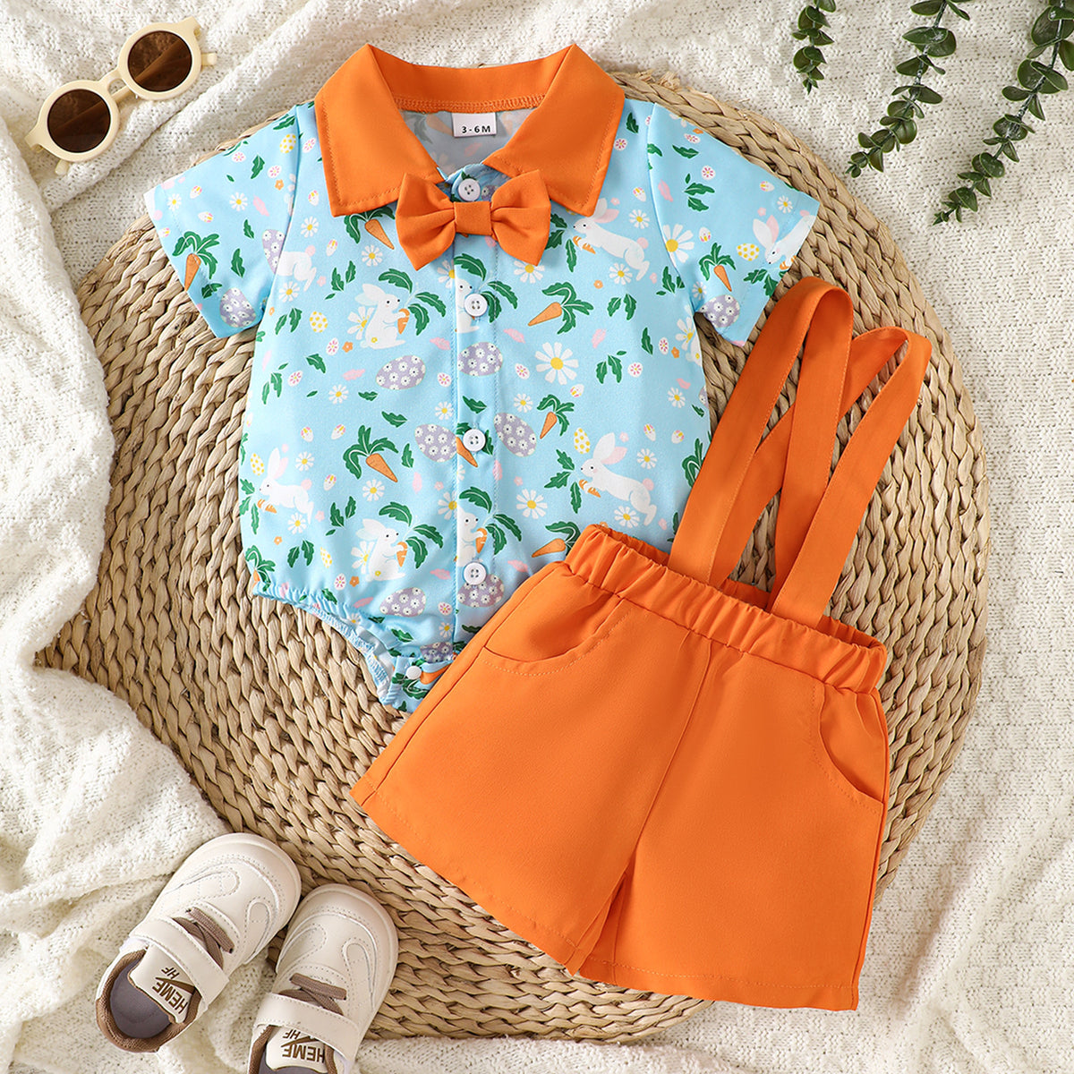 Baby Clothes Summer Lightweight Rabbit All-Over Print Shirt Romper with Overalls Shorts Two-Piece Set Boy Formal Outfit Set