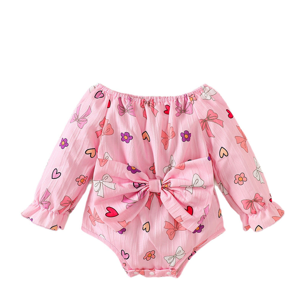 Mädchen Off-Shoulder Langarm-Body mit Herz-Print und großer Schleife, Baby-Prinzessinnen-Outfit für Outdoor-