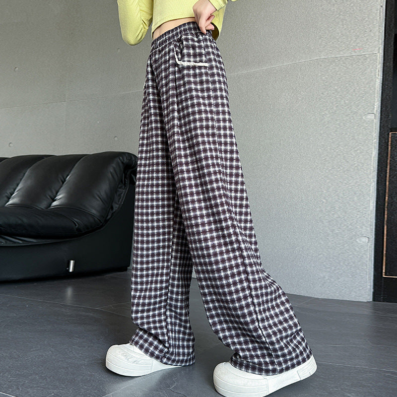 Schicke Wide-Leg Plaid-Hose für Mädchen, locker sitzende, gerade geschnittene Kinderhose
