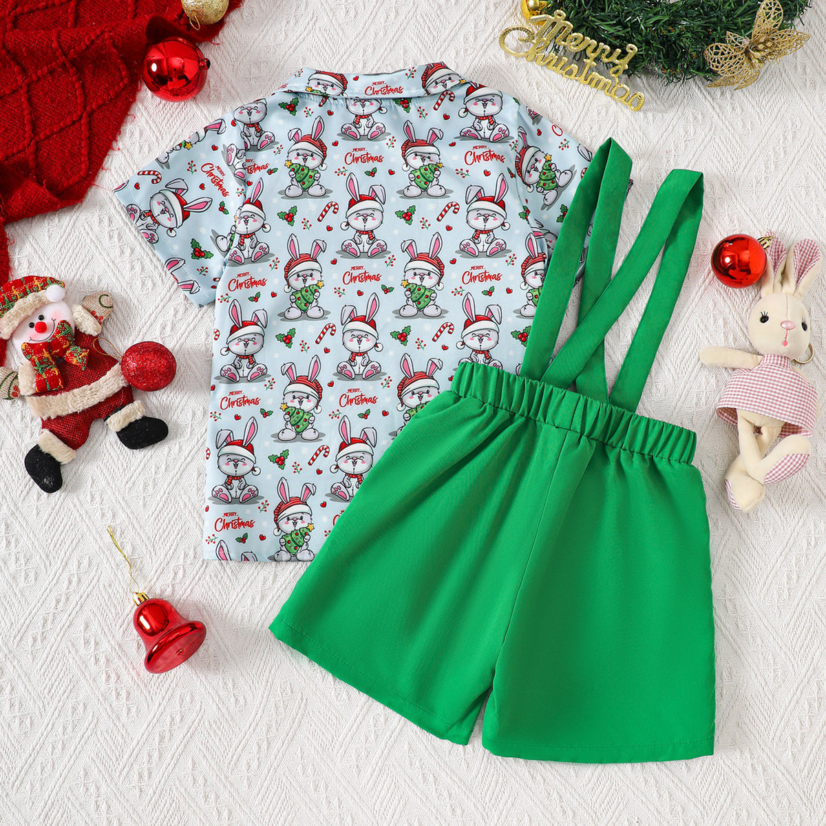 Boy's Summer Infant and Toddler Christmas All-Over Print Short Sleeve Shirt and Bib Shorts Two-Piece Set Children's Clothing