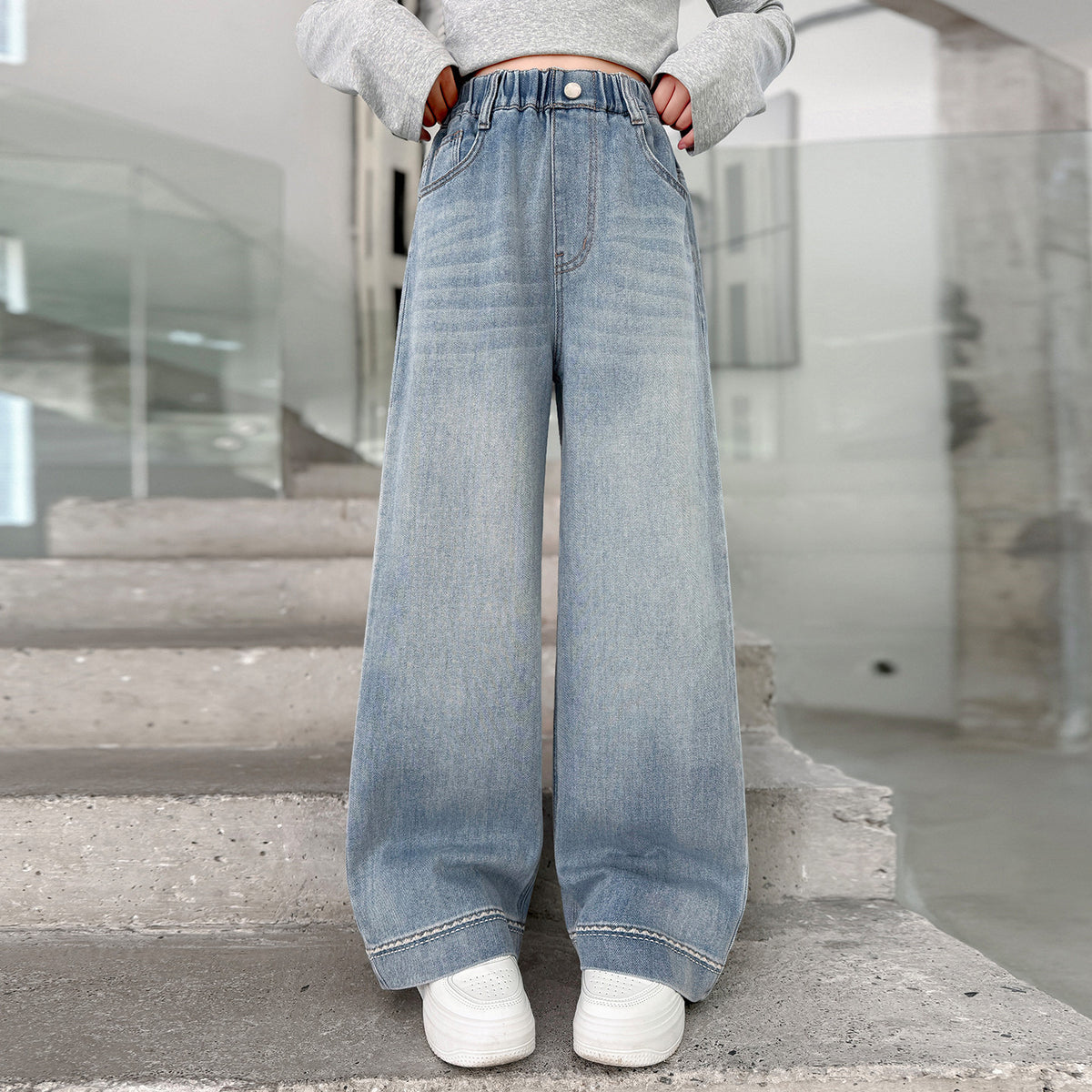 Casual Light Color Denim Pants for Girls Straight Leg Wide Leg Children's Long Pants
