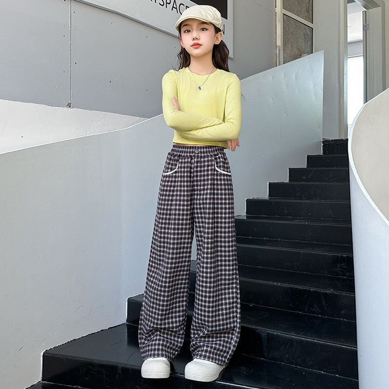 Schicke Wide-Leg Plaid-Hose für Mädchen, locker sitzende, gerade geschnittene Kinderhose
