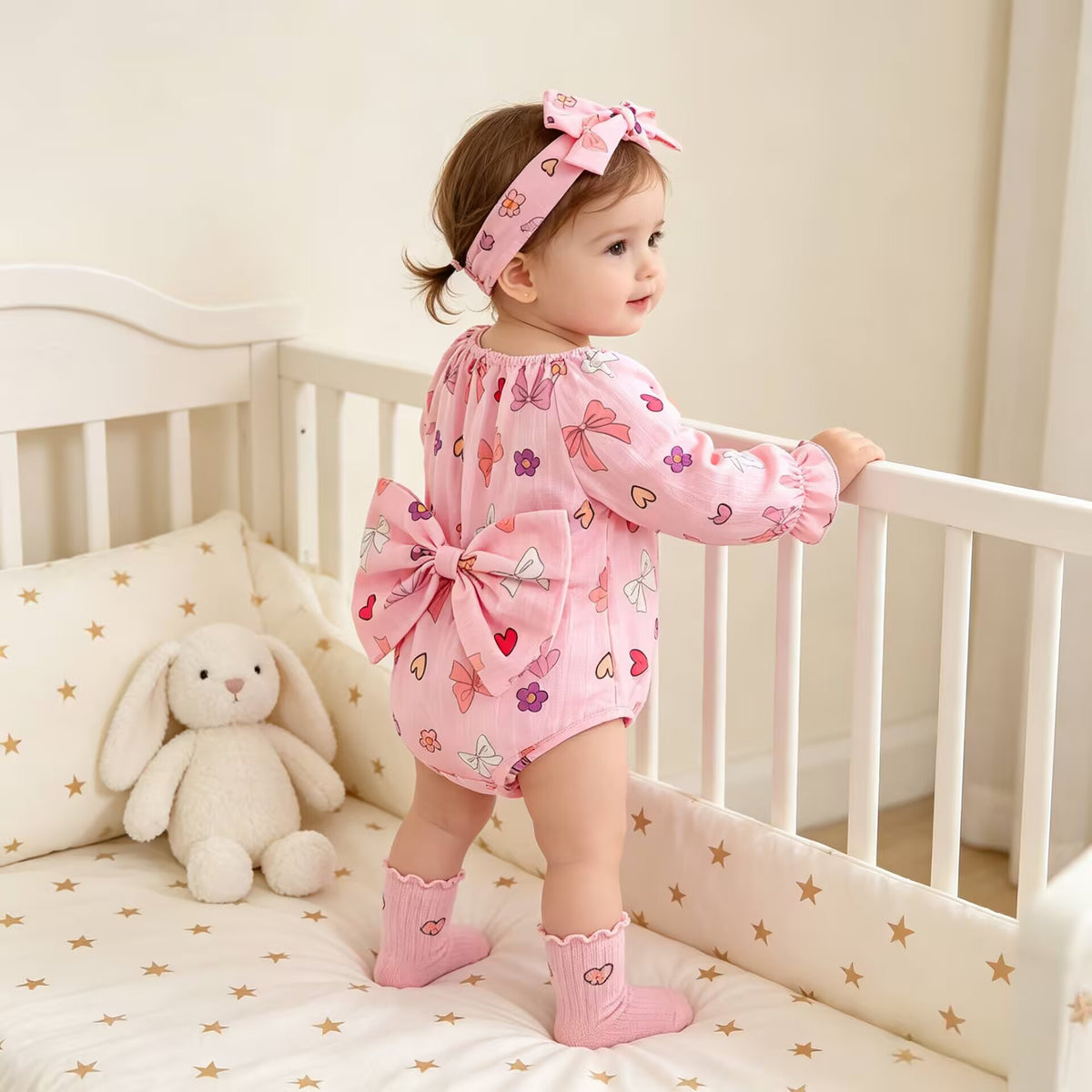 Mädchen Off-Shoulder Langarm-Body mit Herz-Print und großer Schleife, Baby-Prinzessinnen-Outfit für Outdoor-