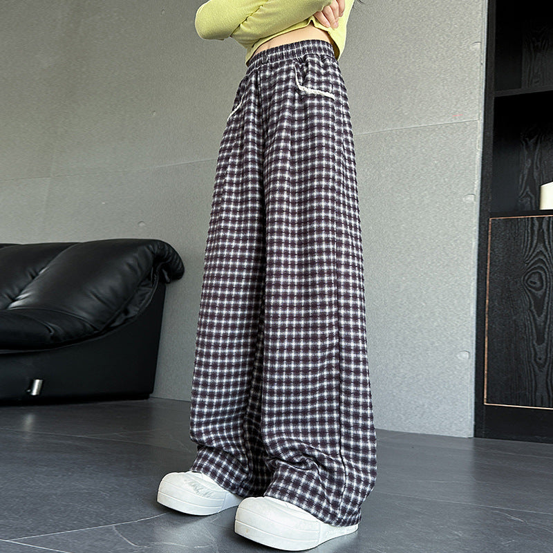 Schicke Wide-Leg Plaid-Hose für Mädchen, locker sitzende, gerade geschnittene Kinderhose