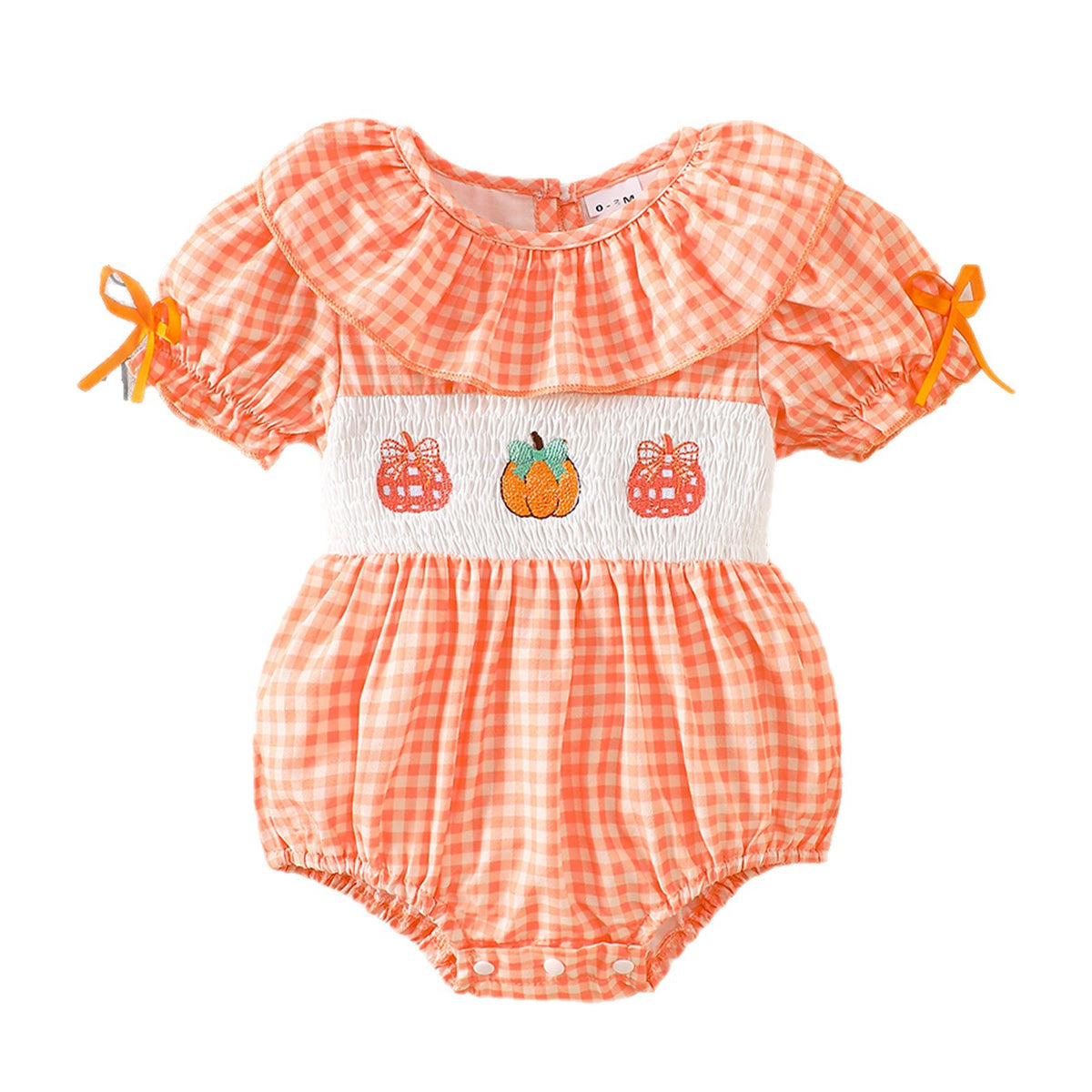 Niedlicher orange karierter Strampler mit Puffärmeln und Kürbisstickerei für Baby-Mädchen, Ganzkörper-Outfit für Neugeborene und monatliche Ausflüge