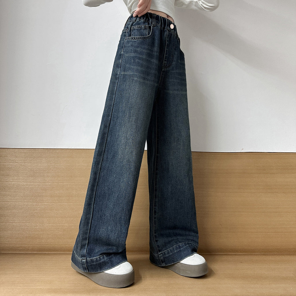 Mädchen Denim Wide-Leg Hose Gerade Locker Lange Hose Stylische Kinderhose Trendy
