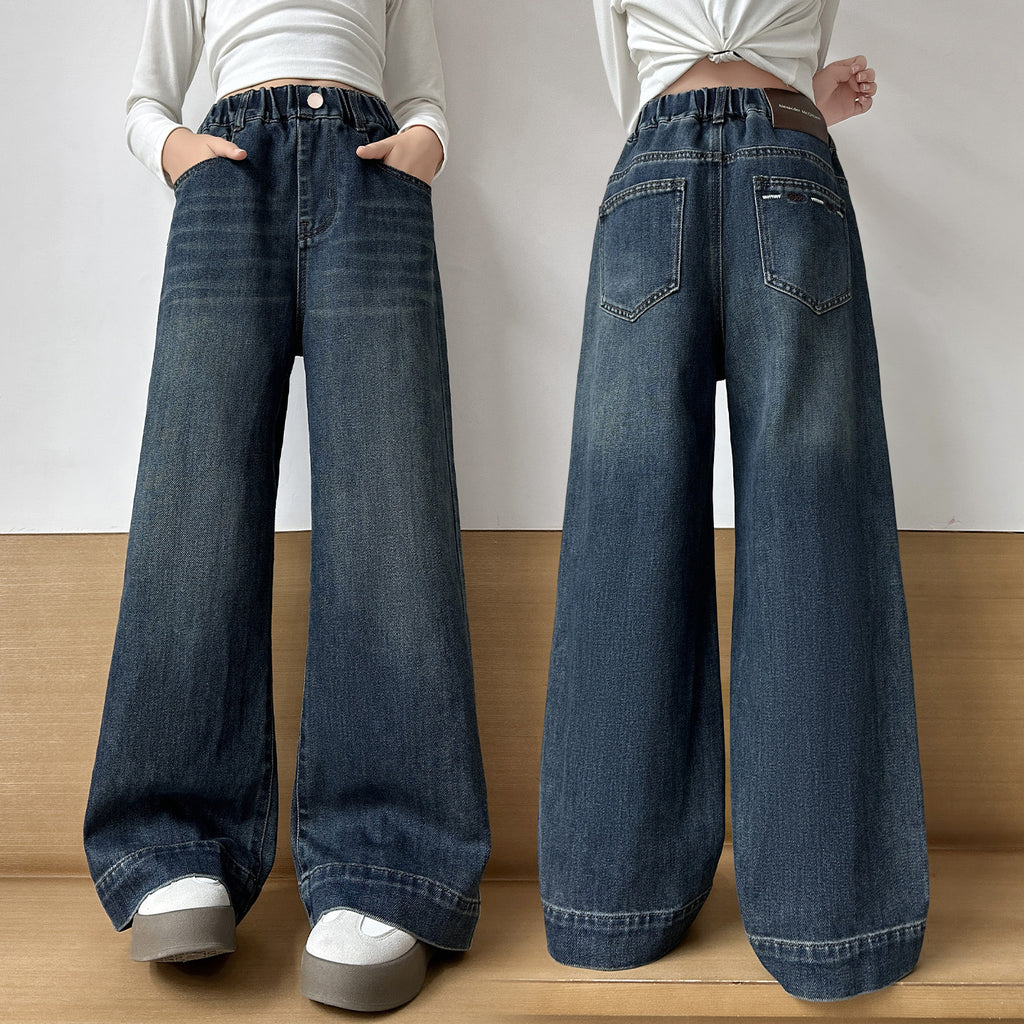 Mädchen Denim Wide-Leg Hose Gerade Locker Lange Hose Stylische Kinderhose Trendy