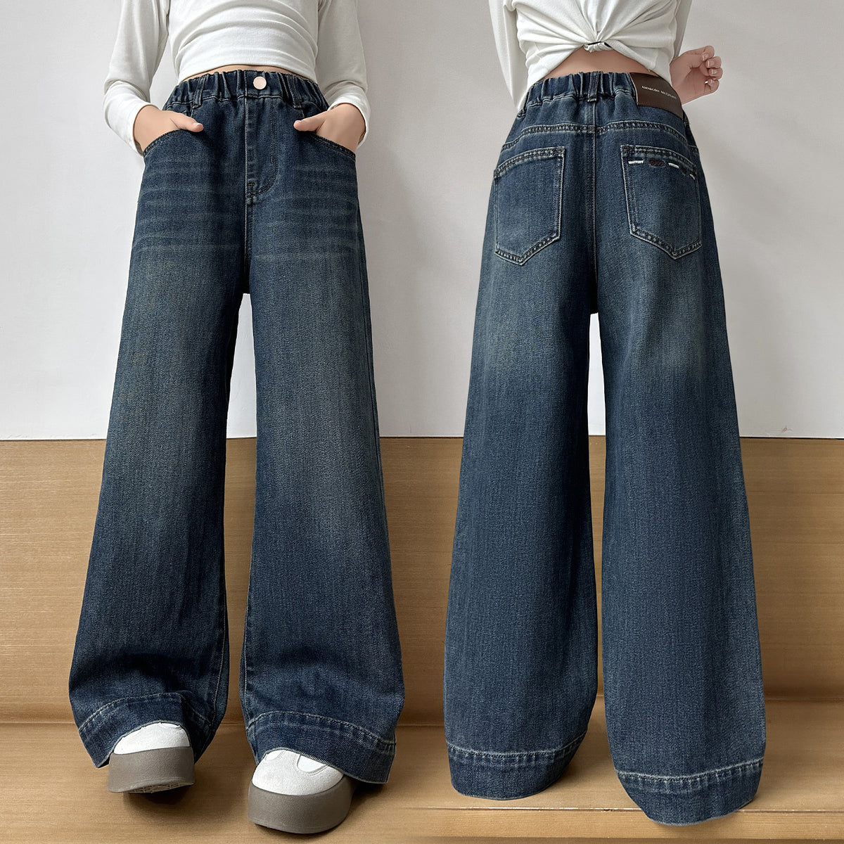 Mädchen Denim Wide-Leg Hose Gerade Locker Lange Hose Stylische Kinderhose Trendy