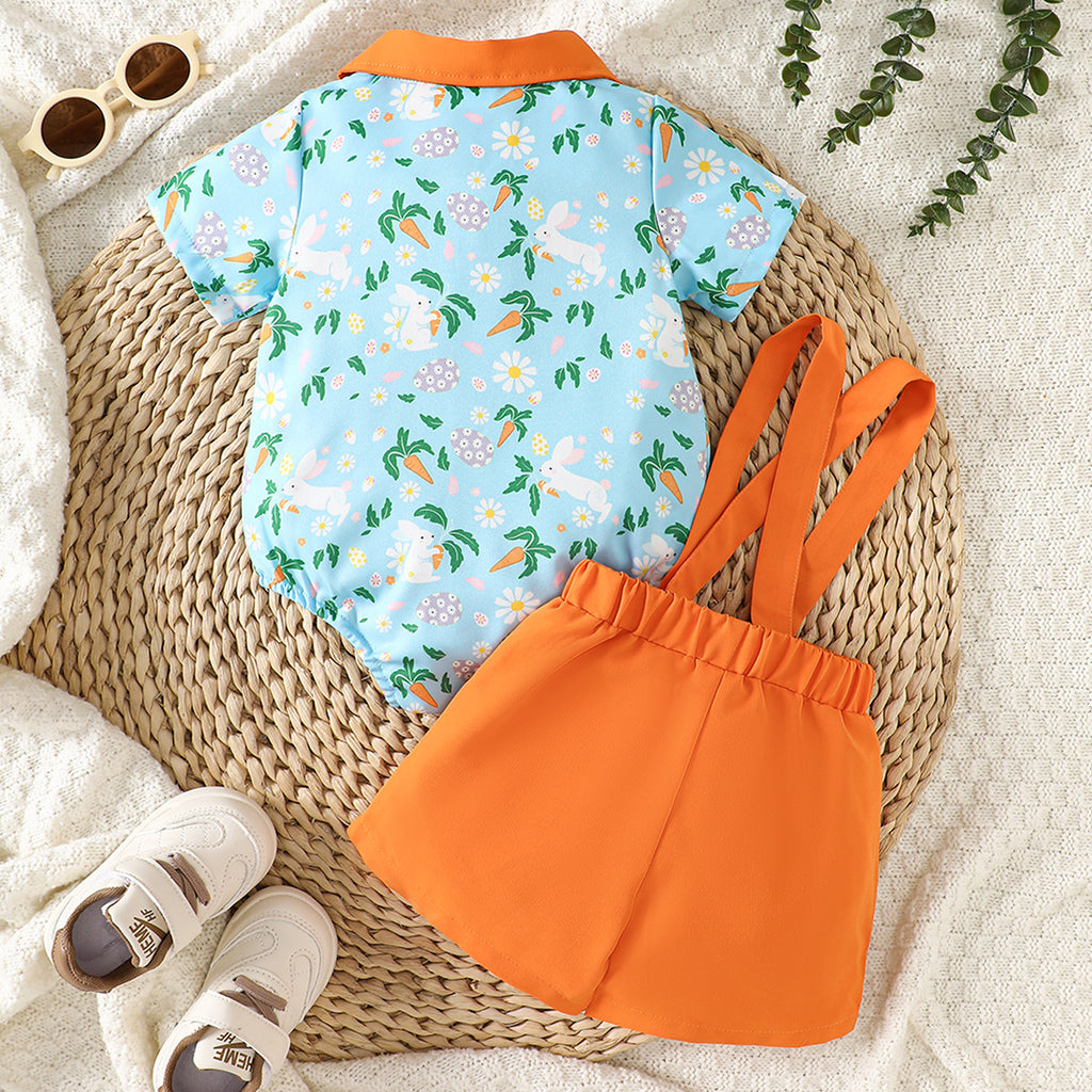 Baby Clothes Summer Lightweight Rabbit All-Over Print Shirt Romper with Overalls Shorts Two-Piece Set Boy Formal Outfit Set