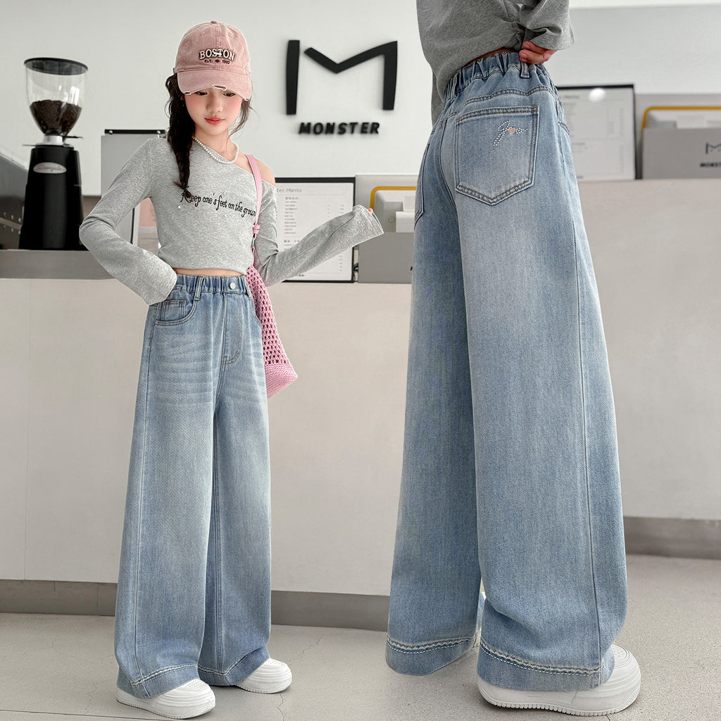 Casual Light Color Denim Pants for Girls Straight Leg Wide Leg Children's Long Pants