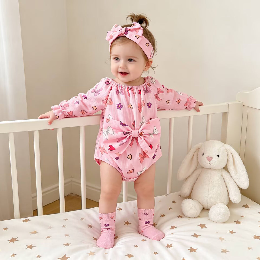 Mädchen Off-Shoulder Langarm-Body mit Herz-Print und großer Schleife, Baby-Prinzessinnen-Outfit für Outdoor-