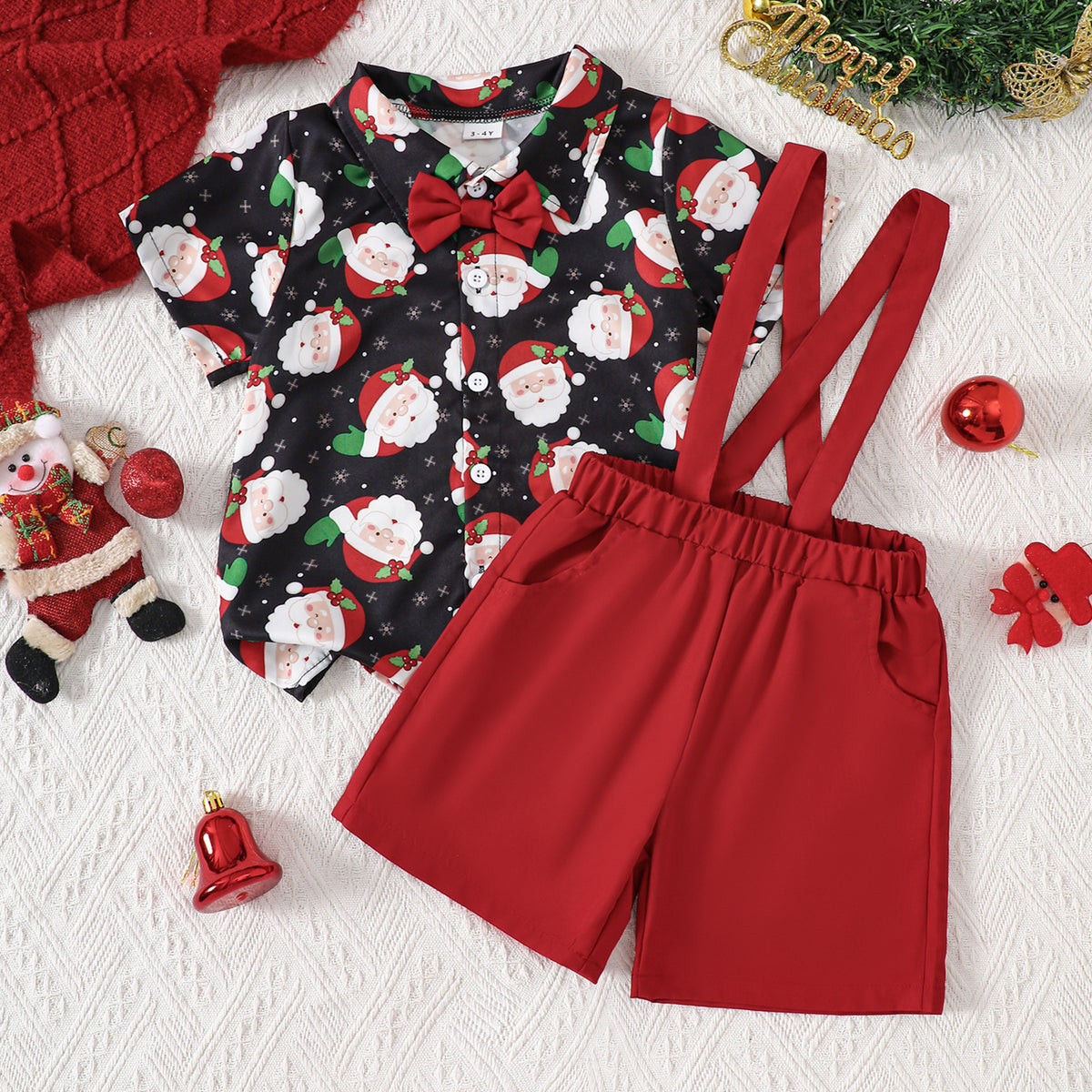 Boy's Summer Infant and Toddler Christmas All-Over Print Short Sleeve Shirt and Bib Shorts Two-Piece Set Children's Clothing