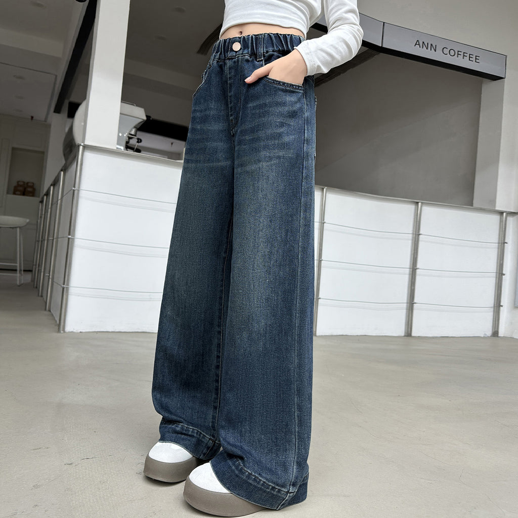Mädchen Denim Wide-Leg Hose Gerade Locker Lange Hose Stylische Kinderhose Trendy